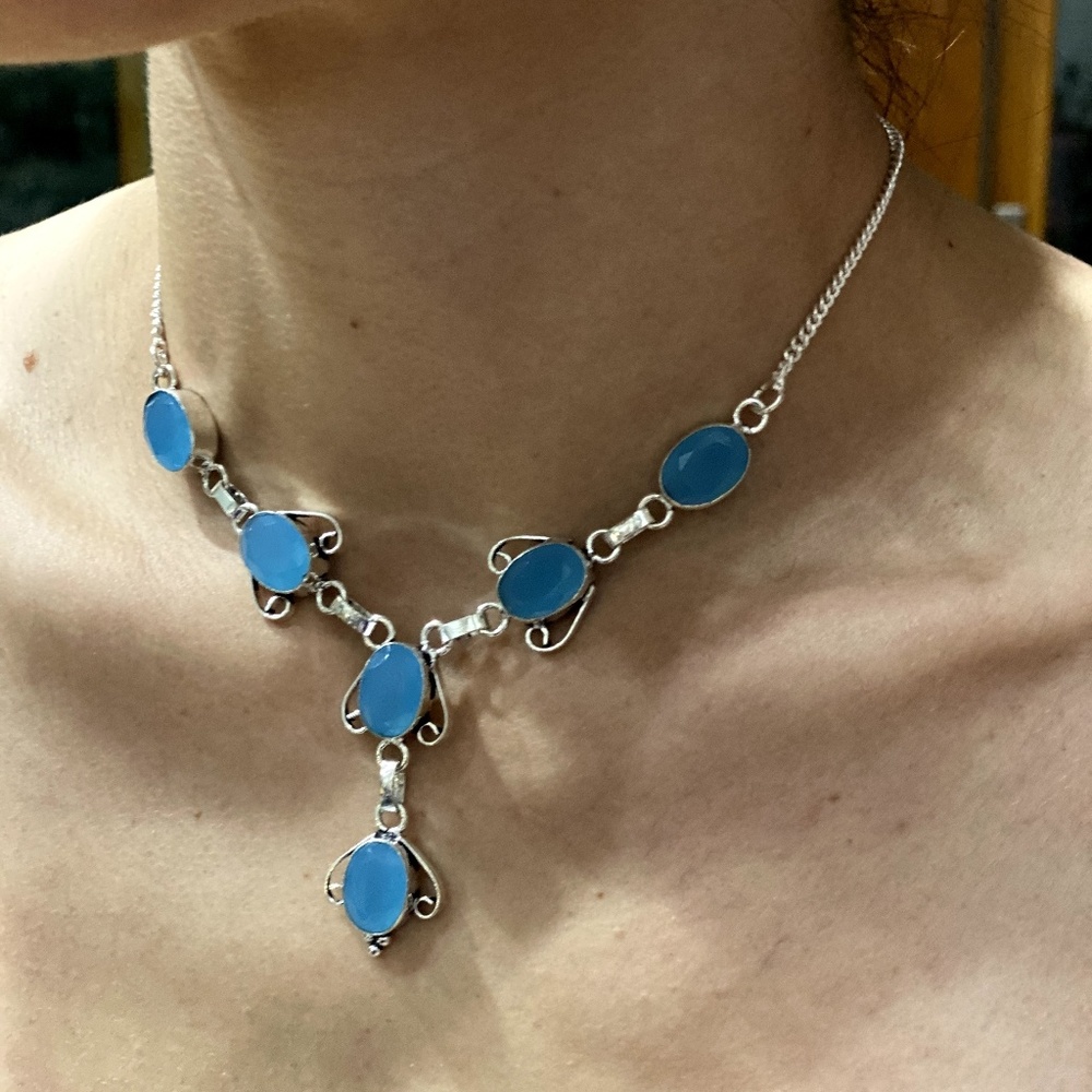 Blue Chalcedony Gemstone 925 Sterling Silver Necklace
